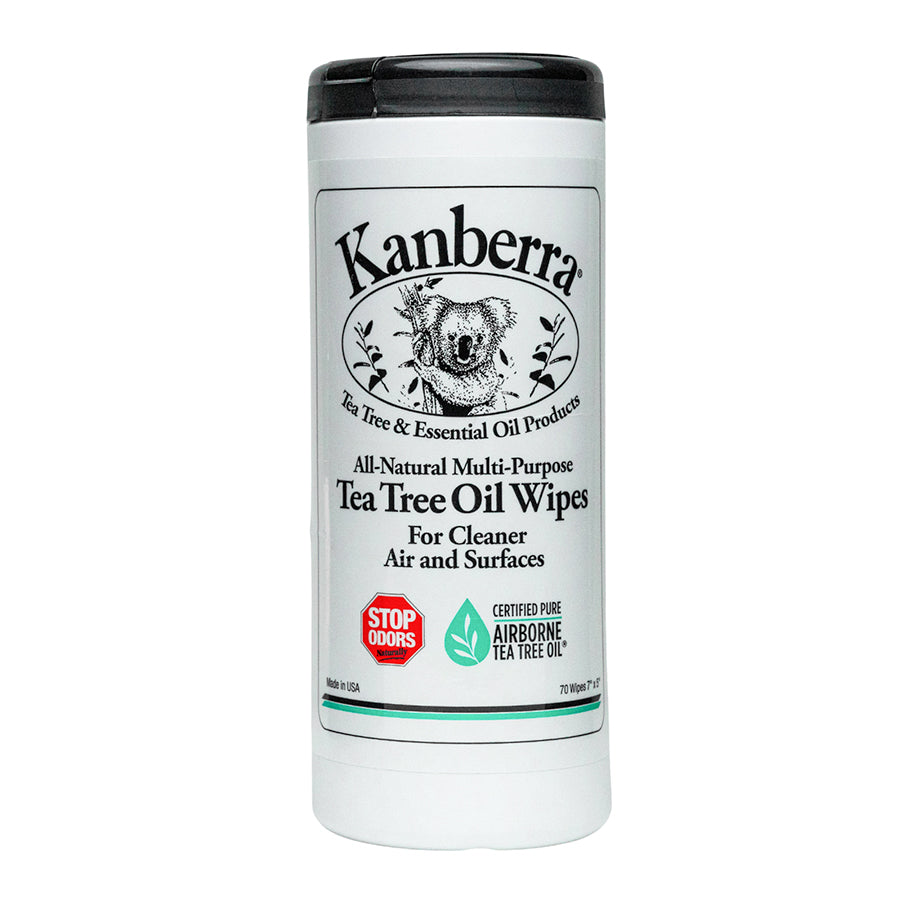 Tea Tree Oil Wipes for Cleaning Air and Surfaces, made with Certified Pure Airborne Tea Tree Oil Container of Kanberra All-Natural Multi-Purpose Tea Tree Oil Wipes, featuring a koala and the label "Stop Odors."