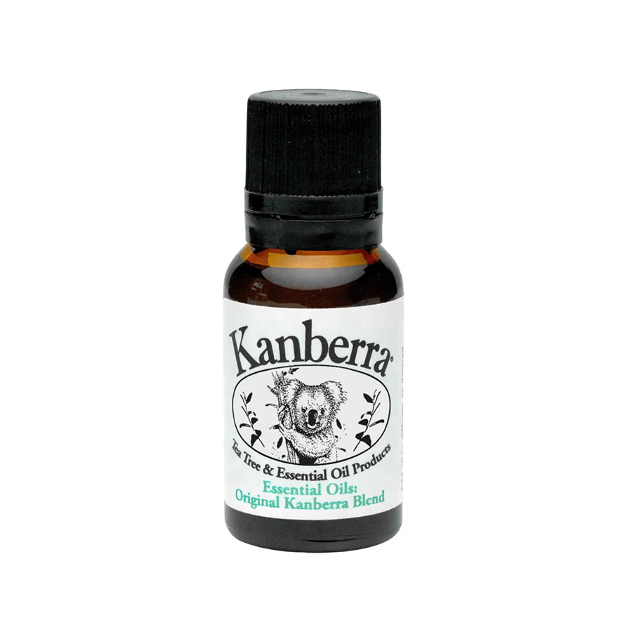 Amber bottle of Kanberra Essential Oils Blend, featuring a koala and the label "Original Kanberra Blend." Certified Pure Australian Tea Tree Oil Blend for Diffusers, ideal for improving air quality.