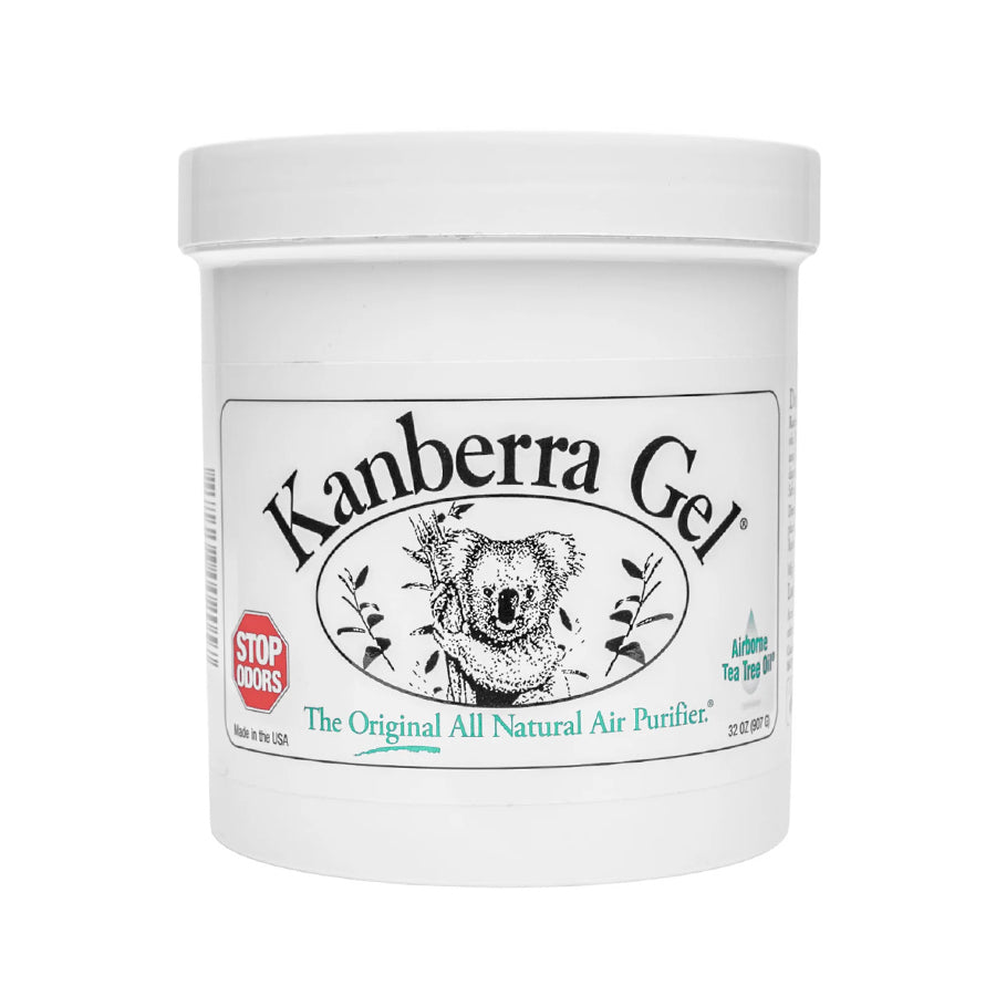 White container of Kanberra Gel, featuring a koala and the label "Stop Odors." Original All-Natural Air Purifier Gel with Certified Pure Airborne Tea Tree Oil