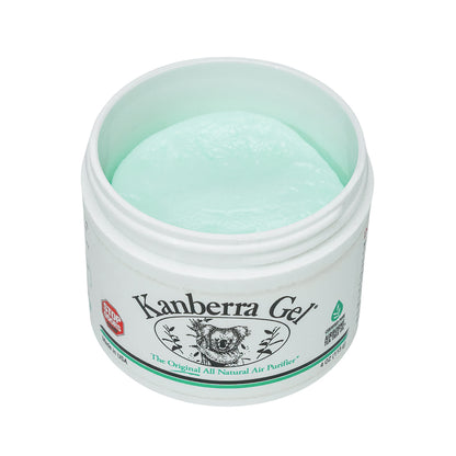 Open white container of Kanberra Gel, featuring a koala and the label "Stop Odors." Original All-Natural Air Purifier Gel with Certified Pure Airborne Tea Tree Oil