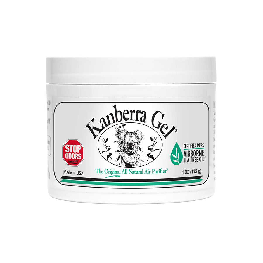 White container of Kanberra Gel, featuring a koala and the label "Stop Odors." Original All-Natural Air Purifier Gel with Certified Pure Airborne Tea Tree Oil