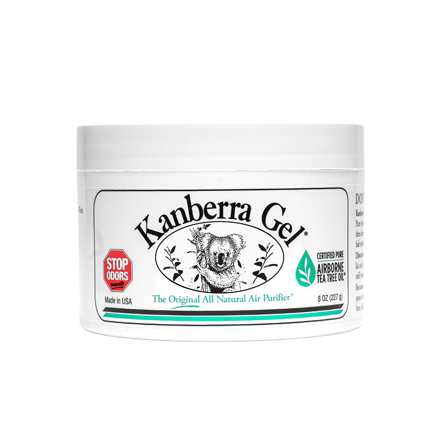 White container of Kanberra Gel, featuring a koala and the label "Stop Odors." Original All-Natural Air Purifier Gel with Certified Pure Airborne Tea Tree Oil