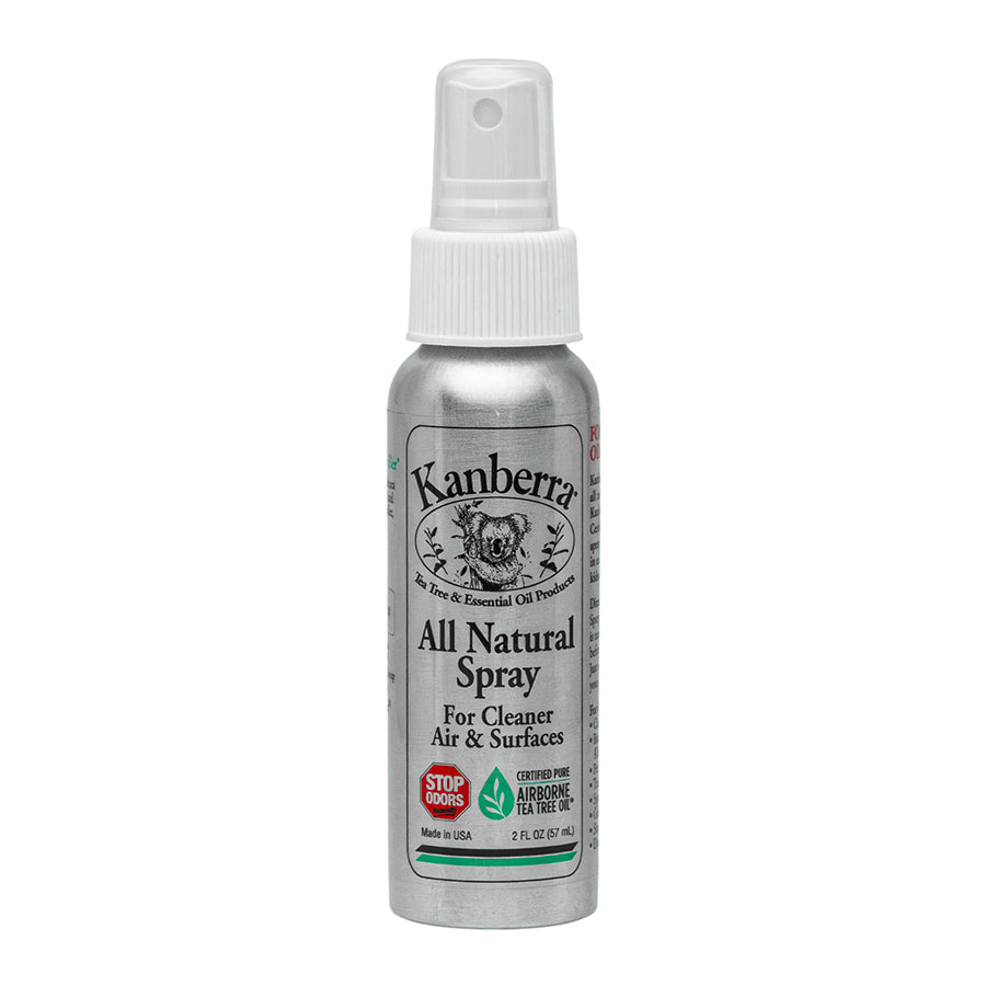 Aluminum spray bottle of Kanberra All Natural Spray, featuring a koala and the label "Stop Odors." Certified Pure Airborne Tea Tree Oil Spray for Odor Removal and Surface Cleaning