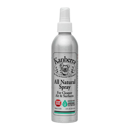 Aluminum spray bottle of Kanberra All Natural Spray, featuring a koala and the label "Stop Odors." Certified Pure Airborne Tea Tree Oil Spray for Odor Removal and Surface Cleaning