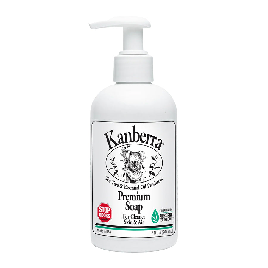 White pump bottle of Kanberra Premium Soap, featuring a koala and the label "Stop Odors." Natural Tea Tree Oil Soap for Body and Home, made with Certified Pure Airborne Tea Tree Oil